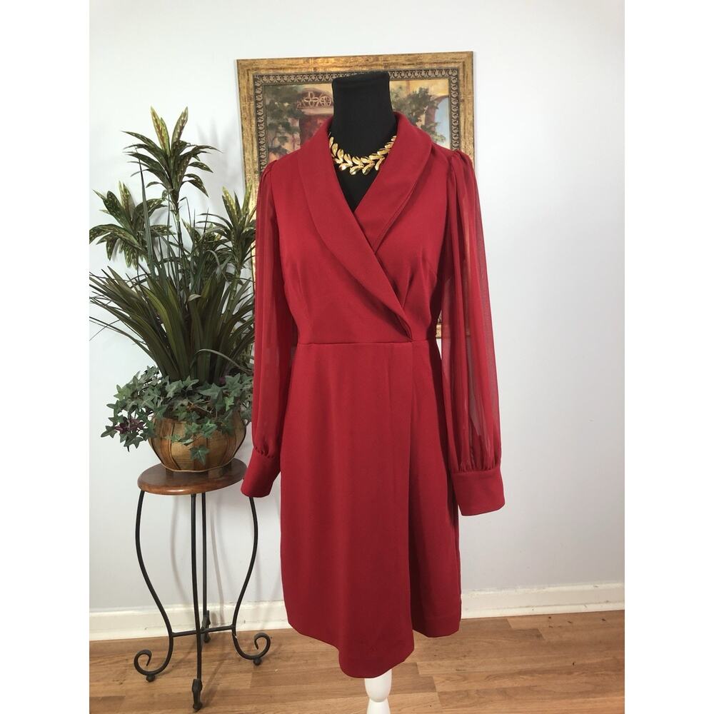 Shelby Palmer Women Wrap Dress Red Long Sleeve Suplice Shawl Collared Sz 6 Boho
